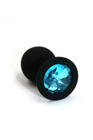 Черная анальная пробка из силикона с нежно-голубым кристаллом M