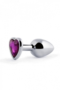 Анальная втулка металл «Silver Plug Heart» с фиолетовым кристаллом, М